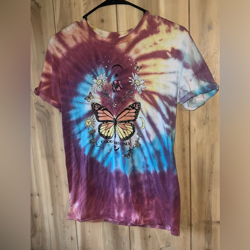 Purple & Blue Tie-Dye Butterfly Crew Neck T-Shirt